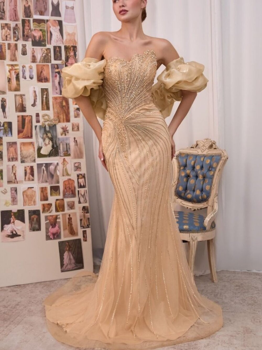 FORMAL DRESS. GOLD OR BLUE FITTED MERMAID STRAPLESS CRYSTAL ORGANZA SLEEVES